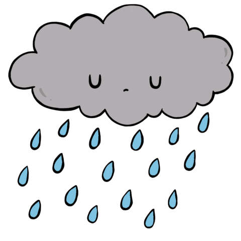 A grey rain cloud with a face and blue raindrops.